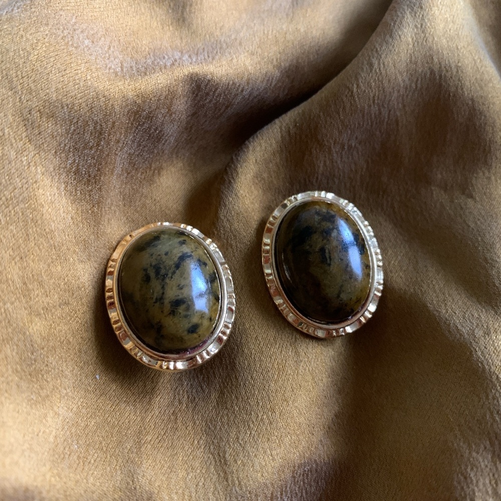 Vintage Gold Toned Brown Obsidian Statement Earrings 80s 90s Clip on